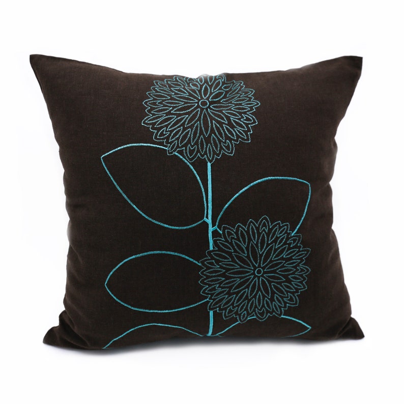 Teal Throw Pillow Cover Dark Brown Linen Pillow Floral Etsy