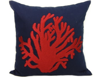 Nautical Pillows, Red Coral Embroidery,  Navy  Linen Pillow Cover, Custom Pillow Case, Beach Themed Decor, Coastal Decor