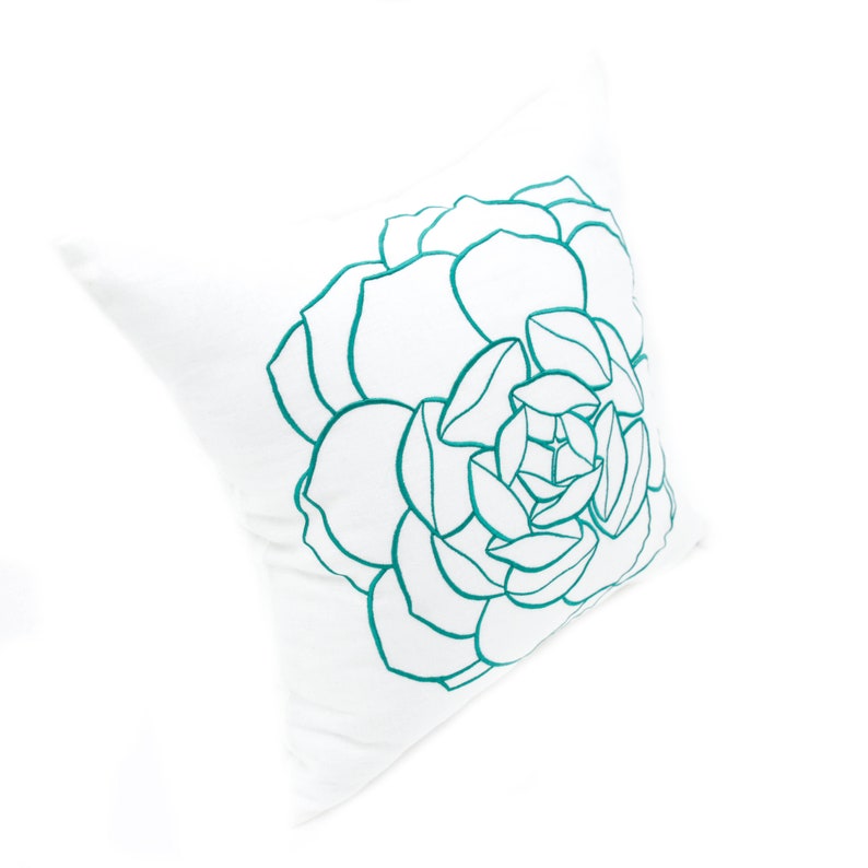 Rose Pillow Cover White Linen Turquoise Flower Embroidery Etsy