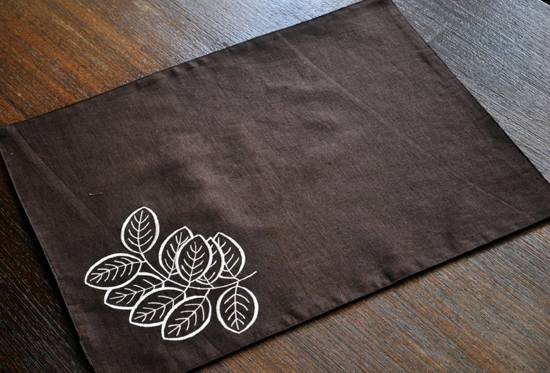 Floral Embroidered Linen Placemats Brown Leaves Fabric Etsy