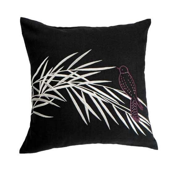 Bird on Bamboo Decorative Pillow Cover Black Linen Silver Etsy