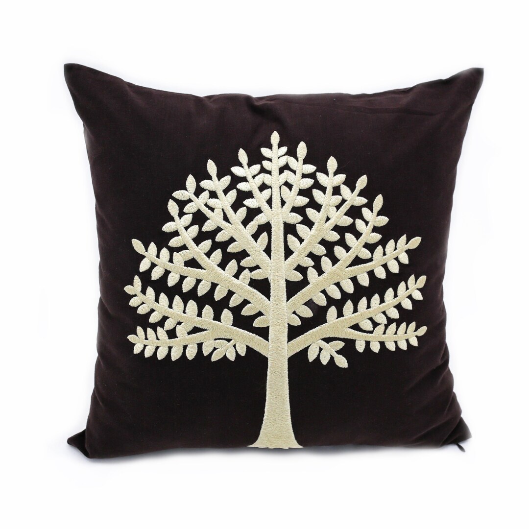 Brown Throw Pillow Cover Tree Plant Embroidery Custom Pillow Etsy