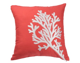 Nautical Pillows, Orange Linen Pillow Cover, Custom Pillow Case, Coral Embroidery, Coastal Bedding, Beach Decor