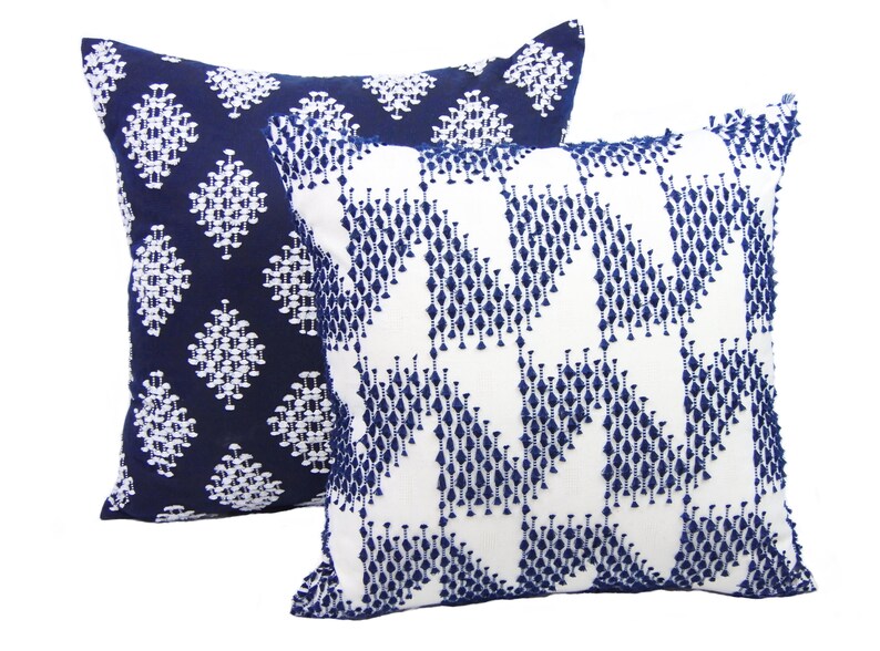 Tribal Pillow Cover White Blue Handwoven Textured Pillow Etsy