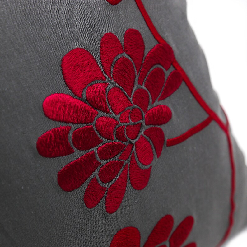 Red Floral Throw Pillow Cover Embroidered Peony Couch Pillow Etsy
