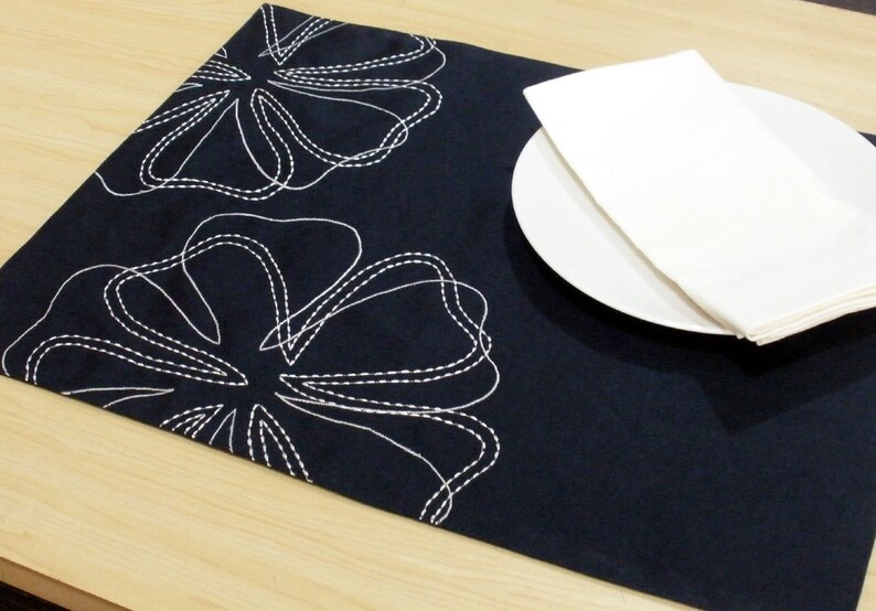 Floral Linen Placemat Set Navy Blue White Embroidered Fabric Etsy
