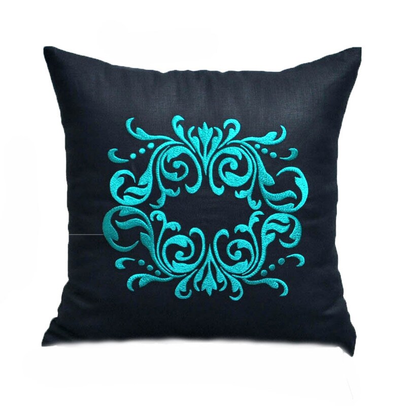 Damask Throw Pillow Cover Black Linen Turquoise Medallion Etsy