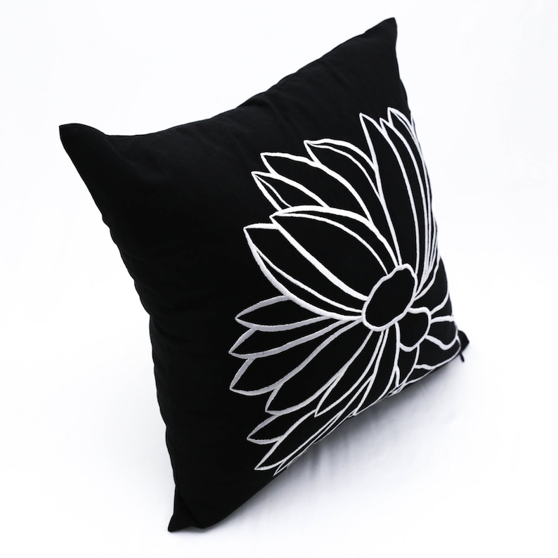 Black White Pillow Cover Black Linen White Flower Embroidery Etsy