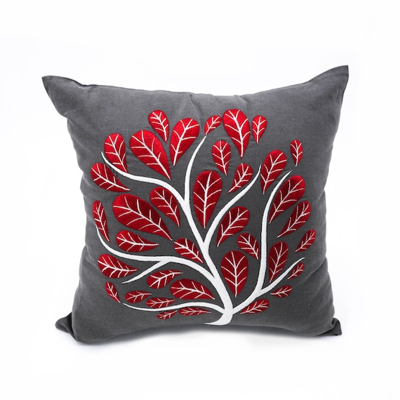 Red Tree Embroidered Decorative Pillow Zome Lag Throw Pillow Cover Square Red