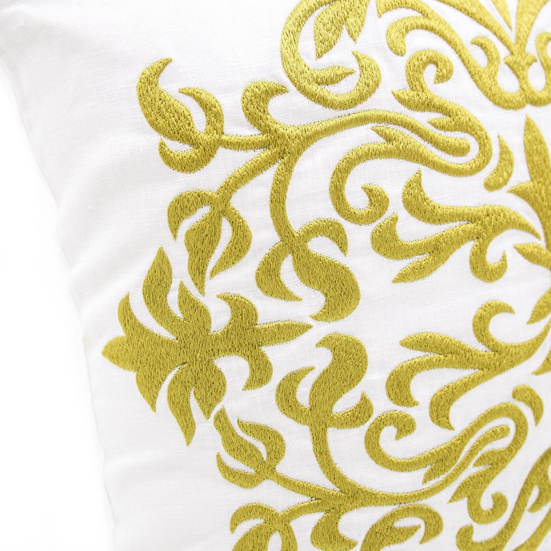 Damask Pillow Cover White Linen Gold Damask Embroidery Etsy