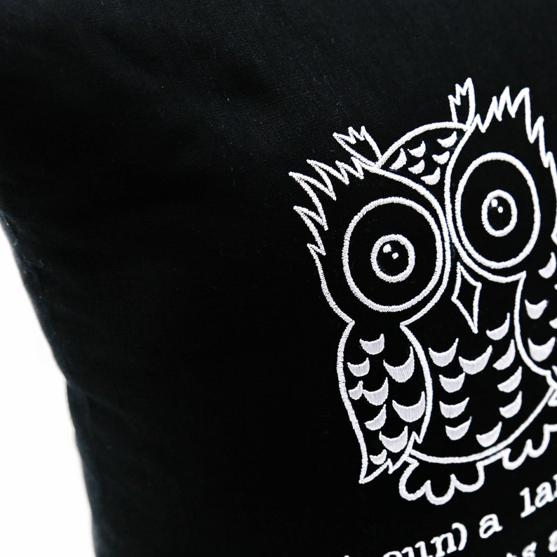 OWL Throw Pillow Cover Black Linen Gray Owl Embroidery Bird Etsy