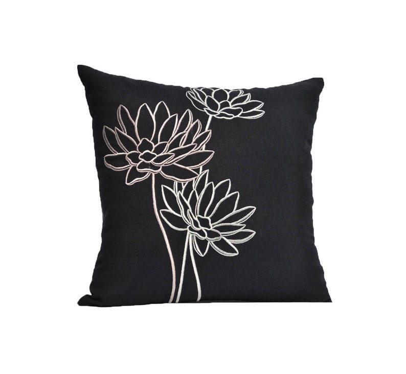 White Lotus Flower Embroidered Pillow Cover Bedroom Pillow Shams Decor Black Linen Floral Couch Pillow