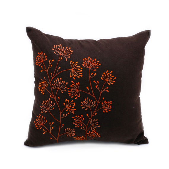 Brown Floral Pillow Cover Embroidered Pillow Orange Floral Etsy