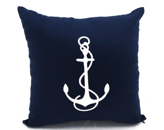 Navy Linen Pillow Cover, Coastal Bedding, Custom Embroidery, Beach Decor, Nautical Pillows, Cabin Decor