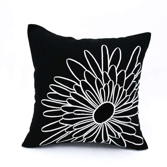 Black White Pillow Cover Black Linen White Flower Embroidery Etsy