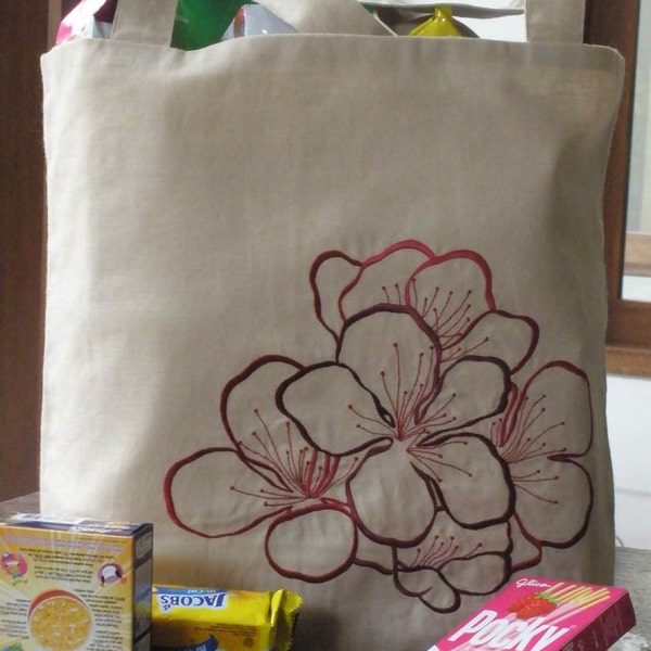 Red Flower  Grocery and Shopping Bag - Embroidery