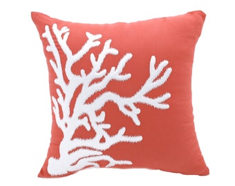 Coastal Bedding, Orange Linen Pillow Cover, Custom Pillow Case, Nautical Pillows, Beach Decor, Coral Embroidery