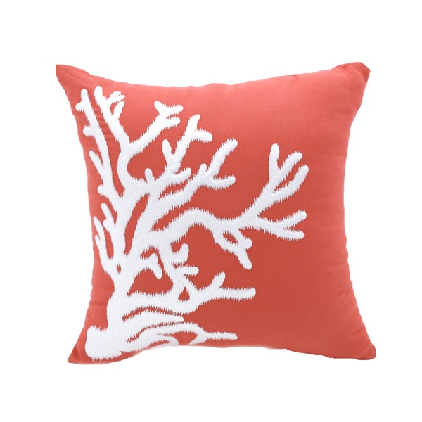 Coastal Bedding, Orange Linen Pillow Cover, Custom Pillow Case, Nautical Pillows, Beach Decor, Coral Embroidery