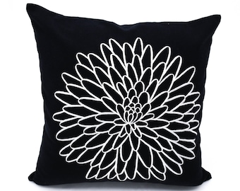 White Floral Pillowcases, Custom Embroidery, Flower Cushion, Black Throw Pillow, Linen Pillow Shams, Bedroom Decor