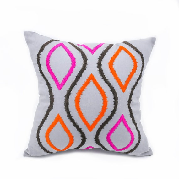 Ikat Diamond Pillow Cover Gray Linen Orange Fuchsia Brown Etsy