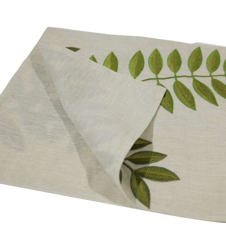 Natural Linen Table Runner Green Leaves Embroidery Custom Etsy