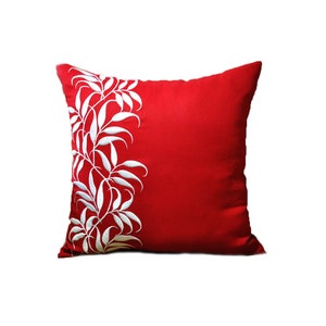 Red Throw Pillow Cover, Botanical Embroidery, Custom Pillow Case, Linen Pillow Cover, Floral Pillowcases