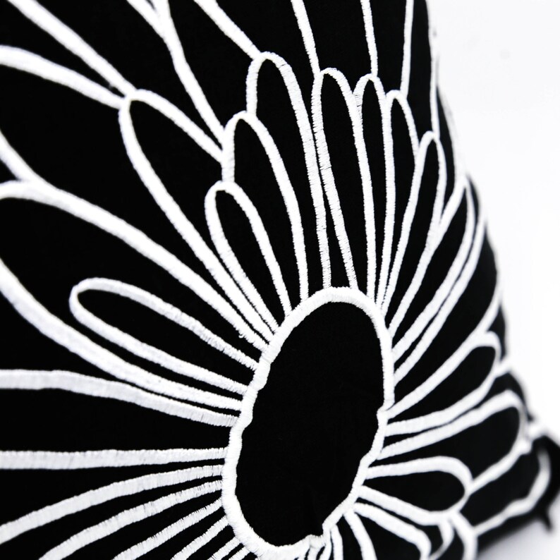 Black White Pillow Cover Black Linen White Flower Embroidery Etsy