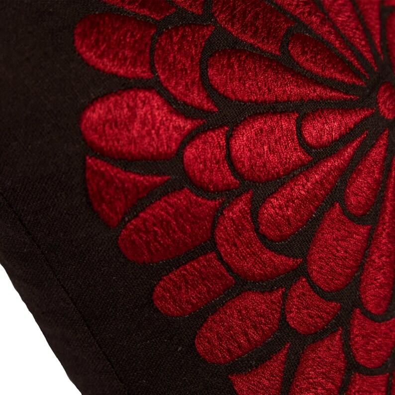 Red Flower Lumbar Pillow Cover Dark Brown Linen Floral Etsy