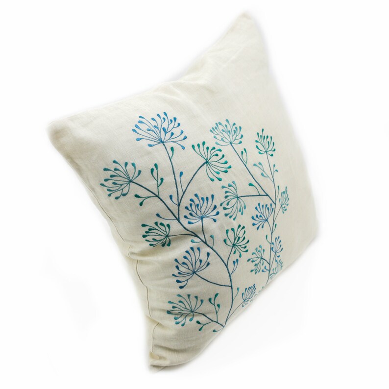 Teal Floral Throw Pillow Farmhouse Decor Embroidered Pillow Etsy