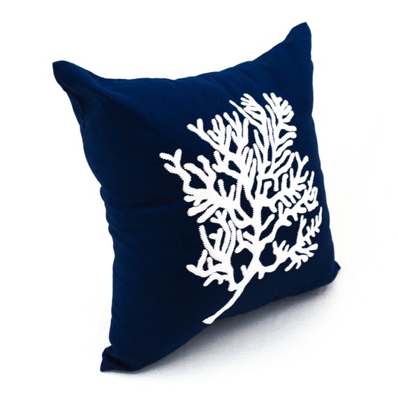 Coral Throw Pillow Nautical Decor Navy Accent Pillow Beach Etsy