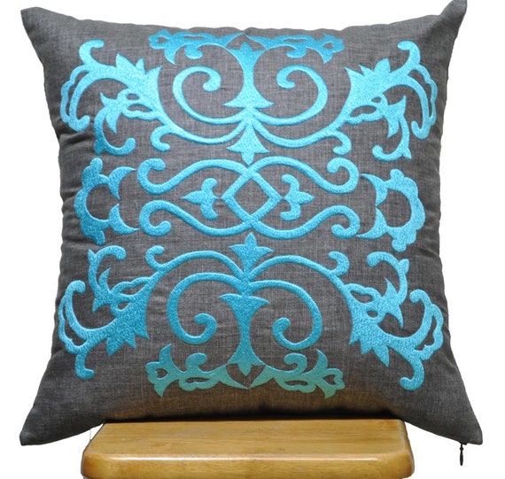 Items similar to Damask Pillow Cover, Ash Grey Pillow, Blue Damask