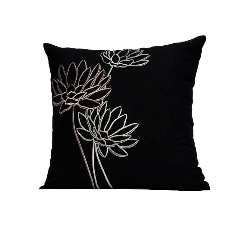 White Lotus Flower Embroidered Pillow Cover Bedroom Pillow Shams Decor Black Linen Floral Couch Pillow