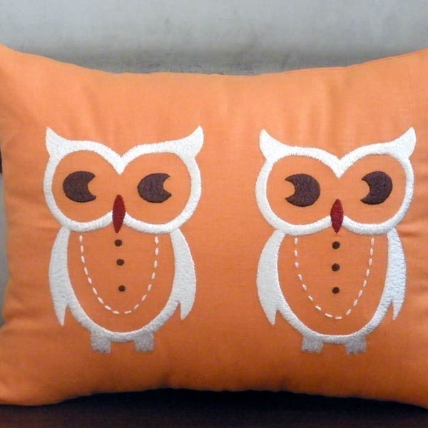 Twin Adorable Owls  - Orange and off white - Embroidery pillow cover