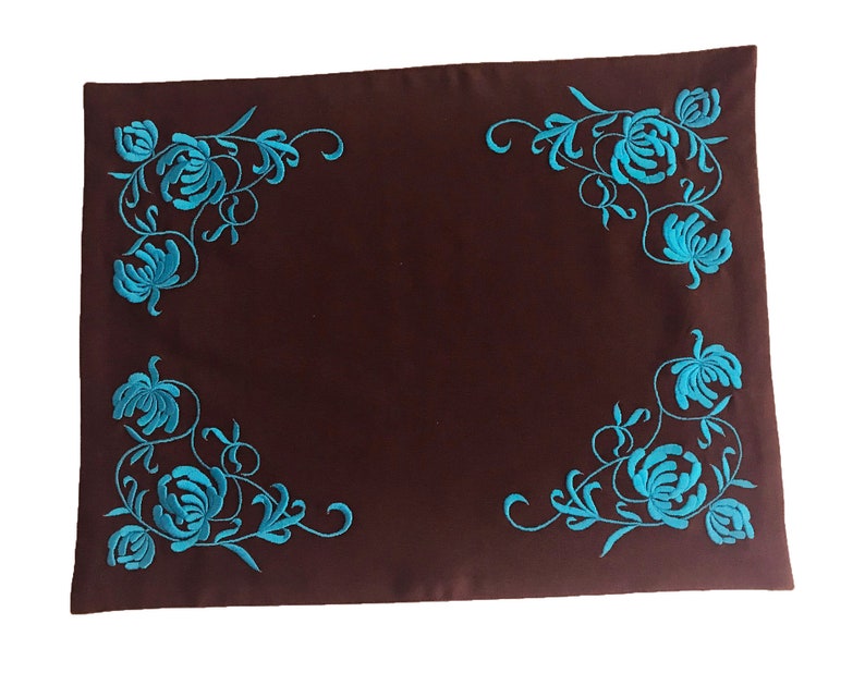 Linen Placemats Flower Embroidery. Brown Teal Placemats Etsy
