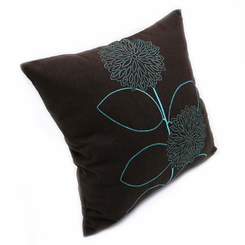 Teal Throw Pillow Cover Dark Brown Linen Pillow Floral Etsy