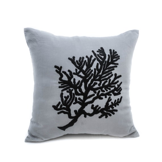 Coral Decorative Pillow Cover Gray Linen Black Coral Etsy