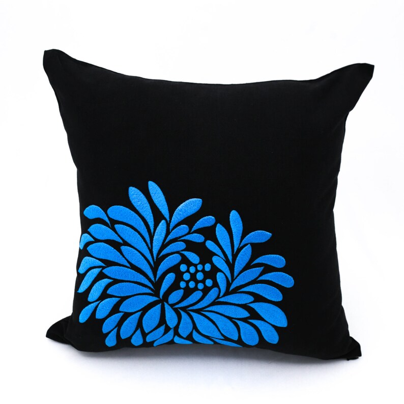 Blue Flower Pillow Cover Black Linen Blue Floral Embroidery Etsy