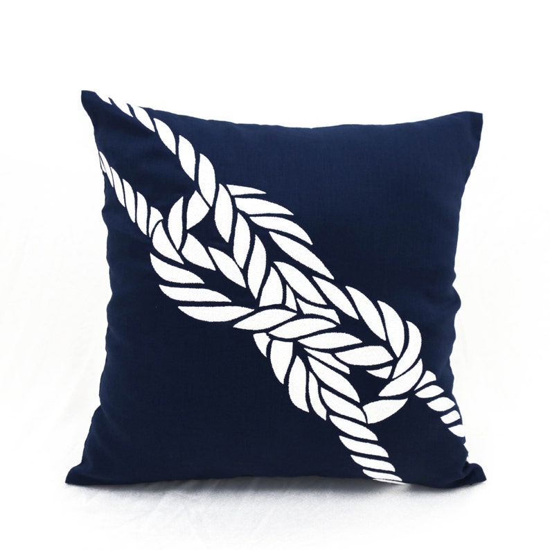 Nautical Rope Knot Throw Pillow Cover Navy Blue Linen Etsy