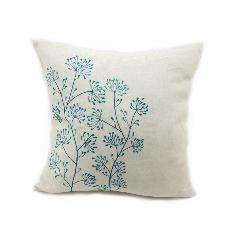 Teal Floral Throw Pillow Farmhouse Decor Embroidered Pillow Etsy