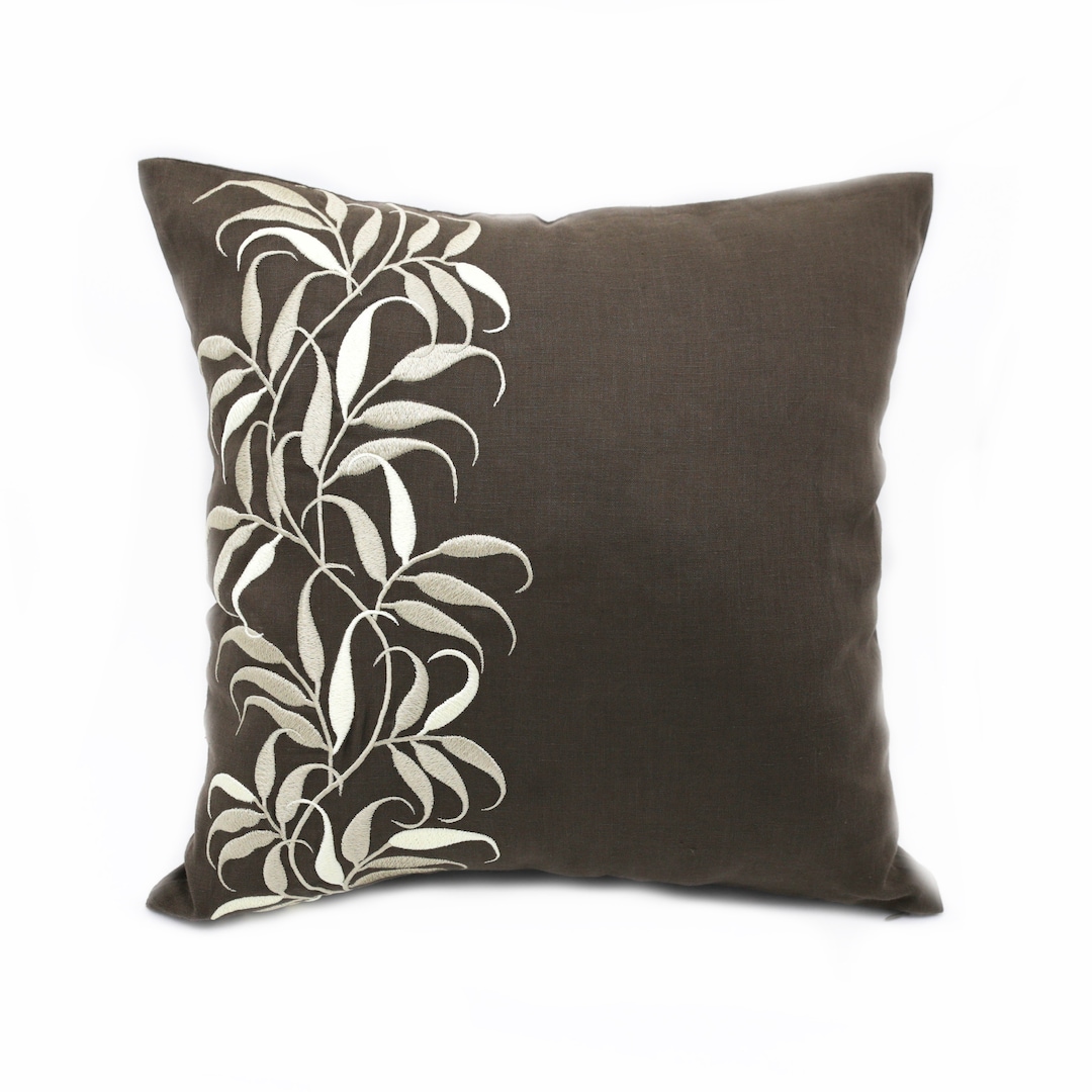 Custom Pillow Case, Farmhouse Decor, Botanical Embroidery, Brown Throw