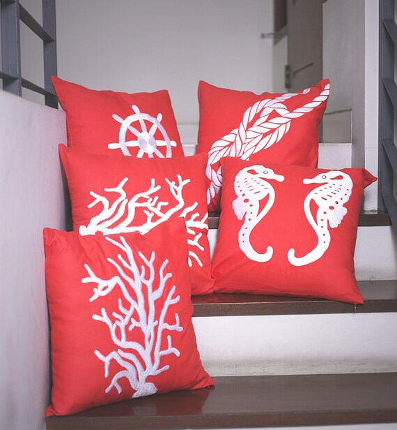 Ocean Theme Pillow Set Of 4 Pillows Nautical Decor Orange Etsy
