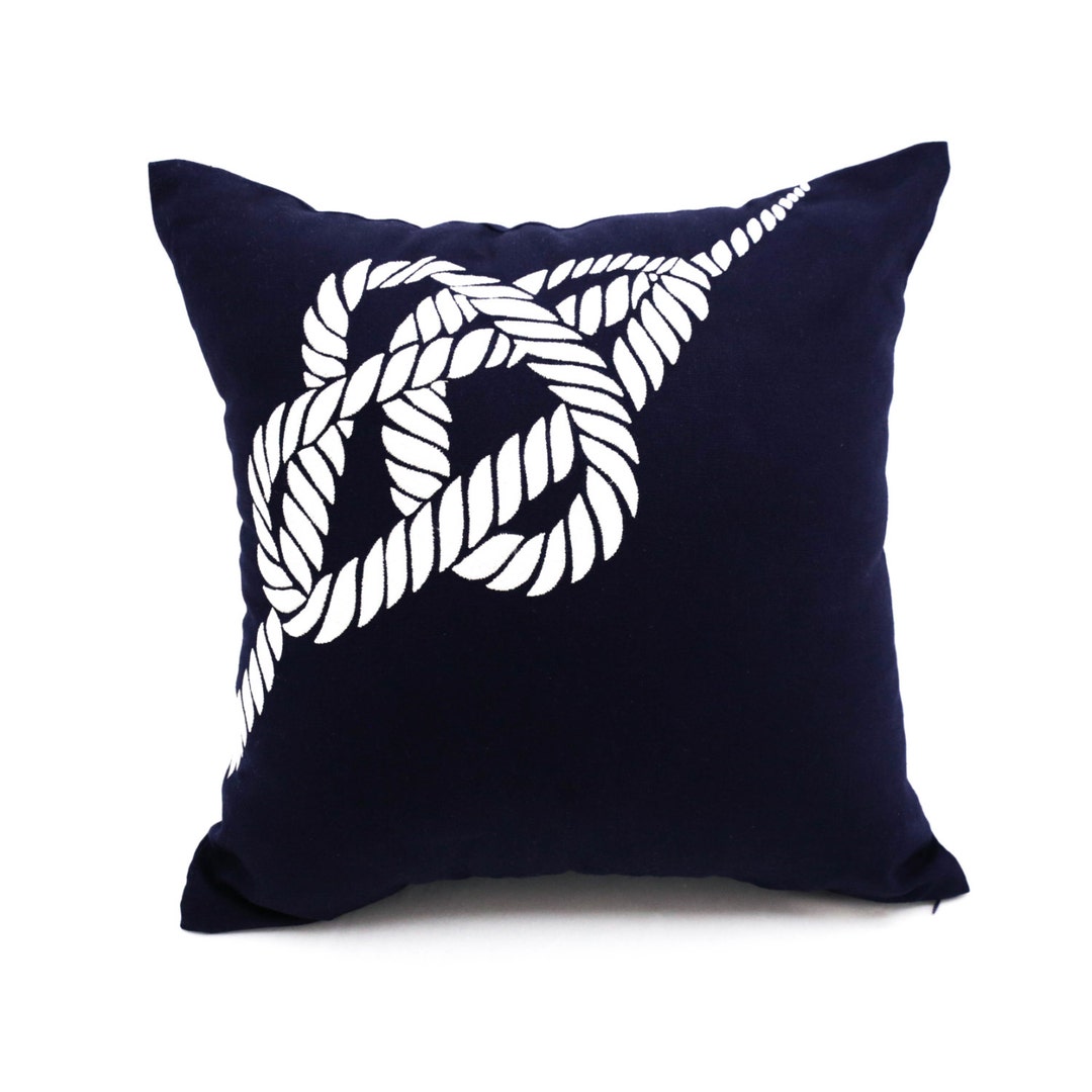 Nautical Pillows Navy Linen Pillow Cover Rope Embroidery Etsy