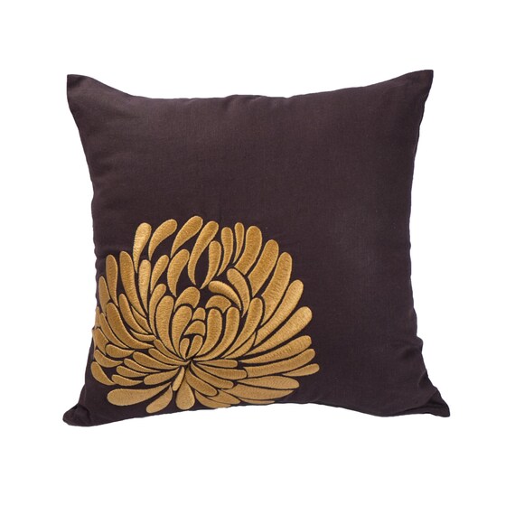 Gold Flower Pillow Cover Brown Linen Floral Embroidery Pillow | Etsy