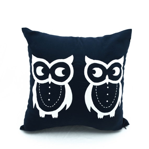 Owl Pillow Cover Embroidered Pillow Navy Throw Pillow Bird Etsy