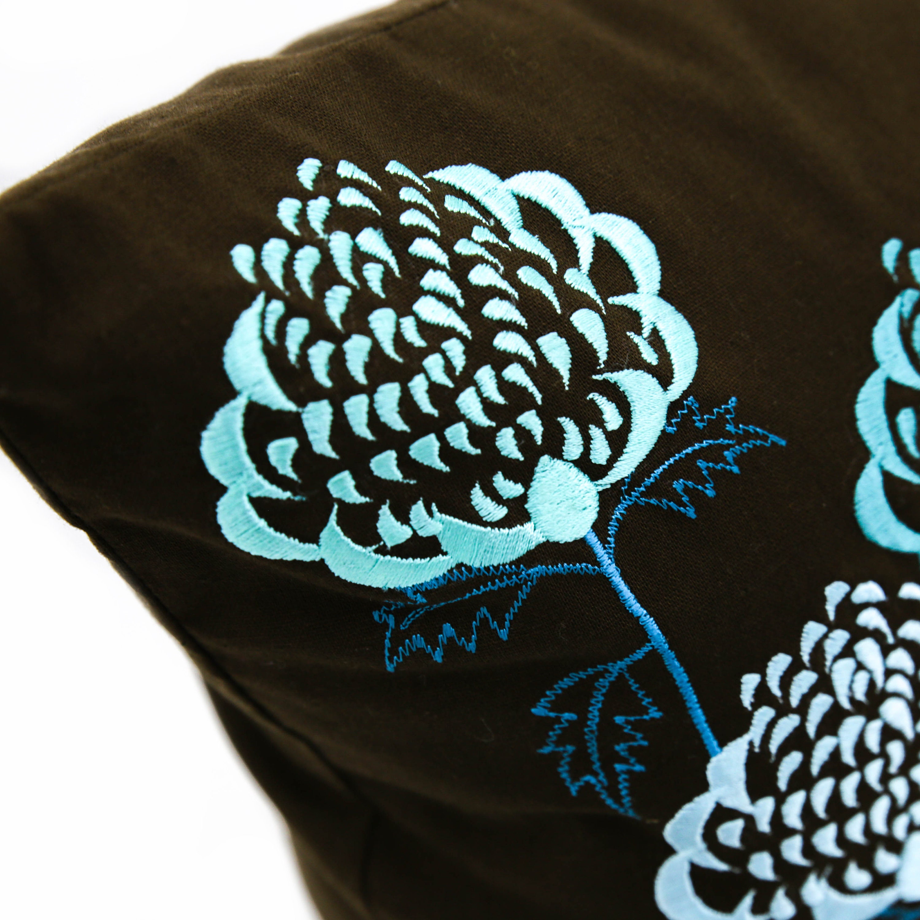 Teal Flower Embroidery Pillow Cover Brown Linen Floral Throw Etsy
