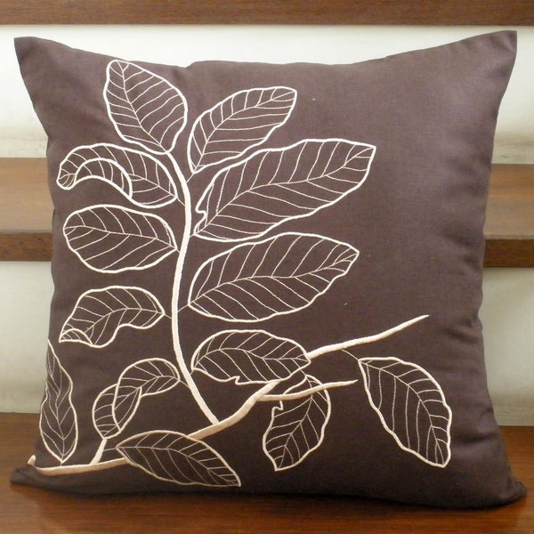 Leaves Branch Throw Pillow Cover - 18x 18 inches Linen Decorative Pillow Cover - Dark Brown Linen with Beige Botanical Pattern Embroidery