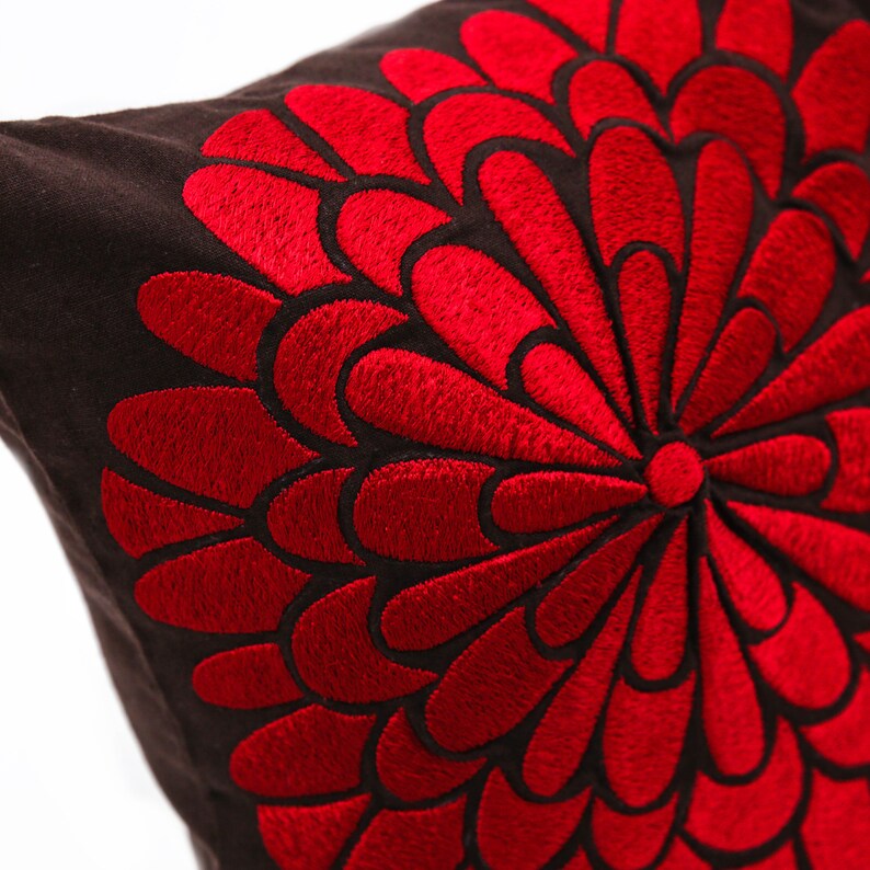Flower Cushion Cover Custom Flower Embroidery Pillow Red Etsy