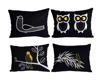 Long Lumbar Pillow Cover, Bird Embroidered Pillow, Owl Pillow, Custom Pillow Case, Linen Pillowcases