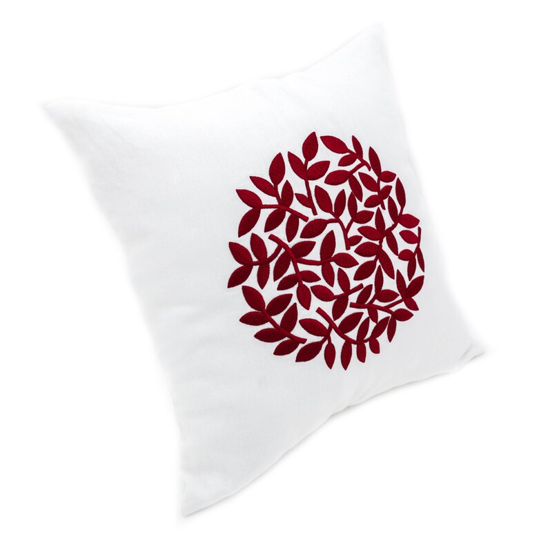 White Linen Pillow Cover Custom Embroidery Pillow Red Accent Etsy
