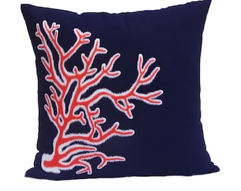 Custom Pillow Case, Red Coral Embroidery, Nautical Pillows, Beach Decor, Navy LInen Pillow Cover, Coastal Bedding